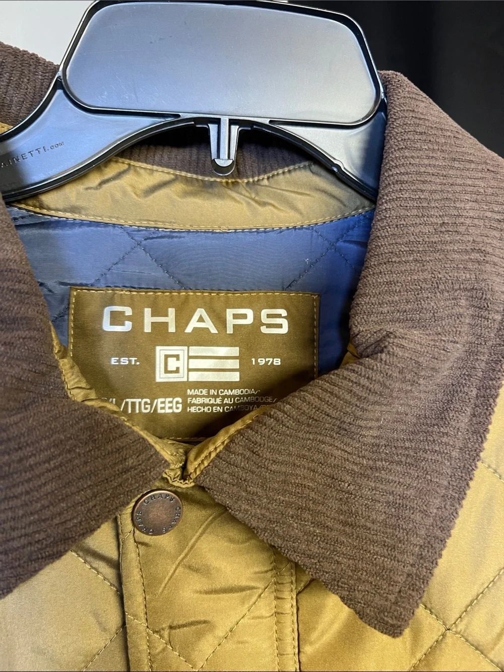 Chaps Quilted Olive Jacket with Brown Corduroy Collar